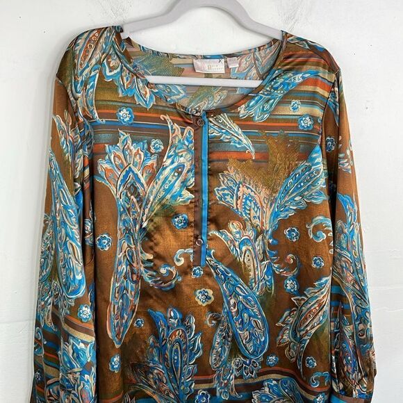 Belle Kim Gravel Pop over 1/4 button front Long Sleeves paisley silky texture 2X - Picture 3 of 13